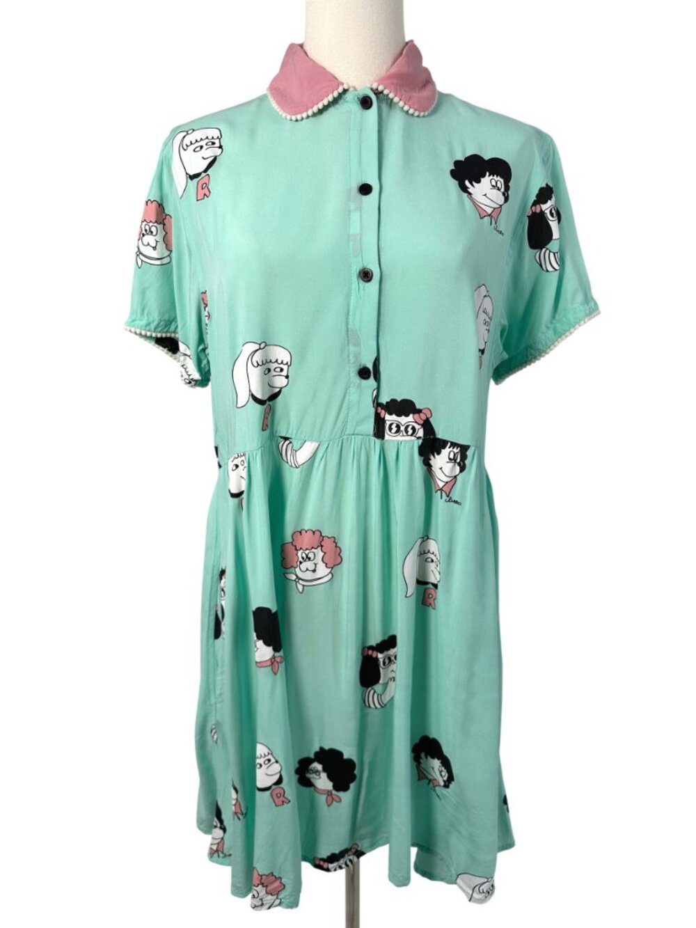 Lazy Oaf Mint Green Cartoon Dogs Mini Babydoll Dress Pink Pom Pom Collar S